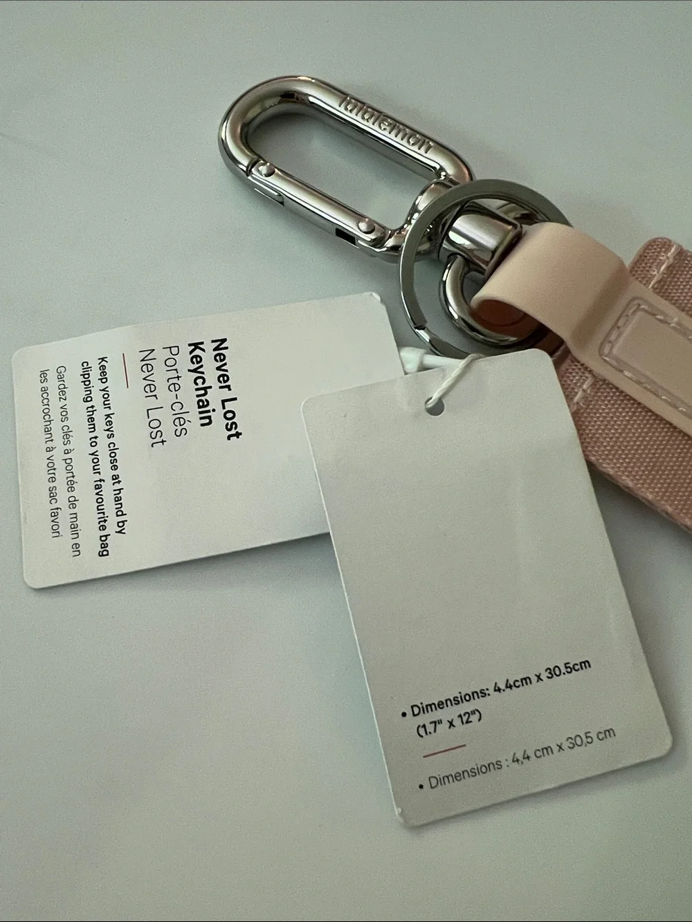 Lululemon PINK MIST and Silver Never Lost Keychain NWT